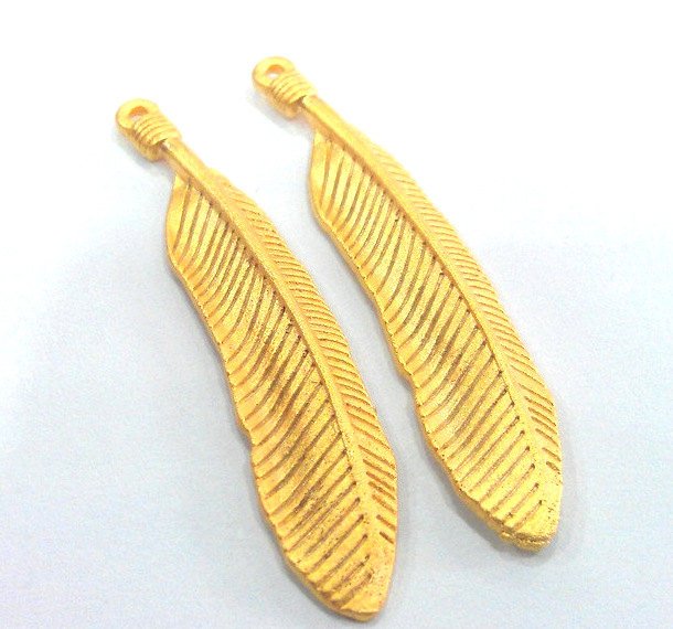 2 Feather Charms Gold Charms Gold Plated Brass (45x8 mm.)   G686