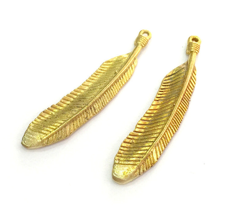 2 Pcs Raw  Brass Feather Charms   42x8mm   G3953