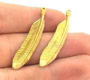 2 Pcs Raw  Brass Feather Charms   42x8mm   G3953
