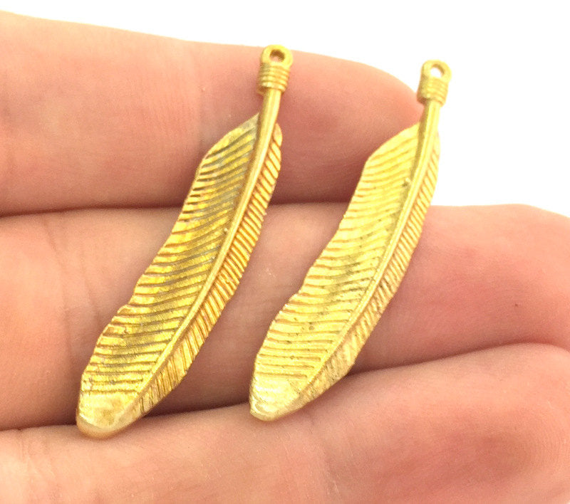 2 Pcs Raw  Brass Feather Charms   42x8mm   G3953