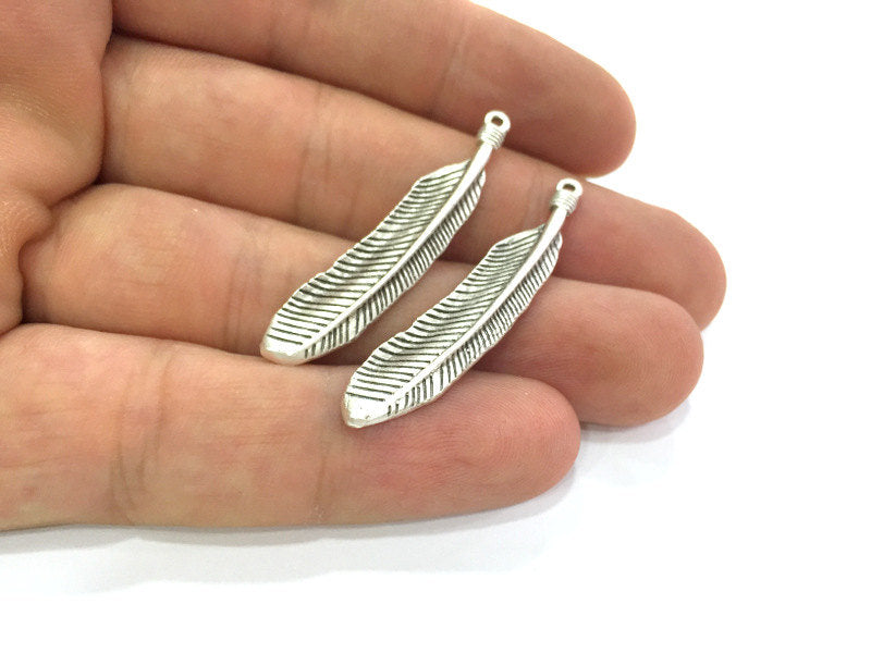 2 Pcs. (45x8 mm.)  Feather Charms, Antique Silver Plated Brass  G3955