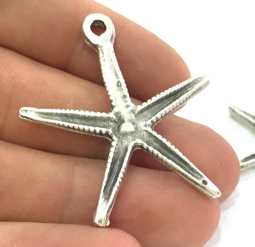 2 Silver Starfish Pendants , Antique Silver Plated Metal 44x41 mm   G3956