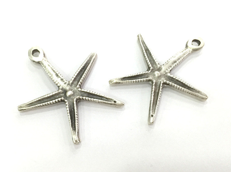 2 Silver Starfish Pendants , Antique Silver Plated Metal 44x41 mm   G3956