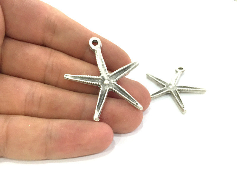 2 Silver Starfish Pendants , Antique Silver Plated Metal 44x41 mm   G3956