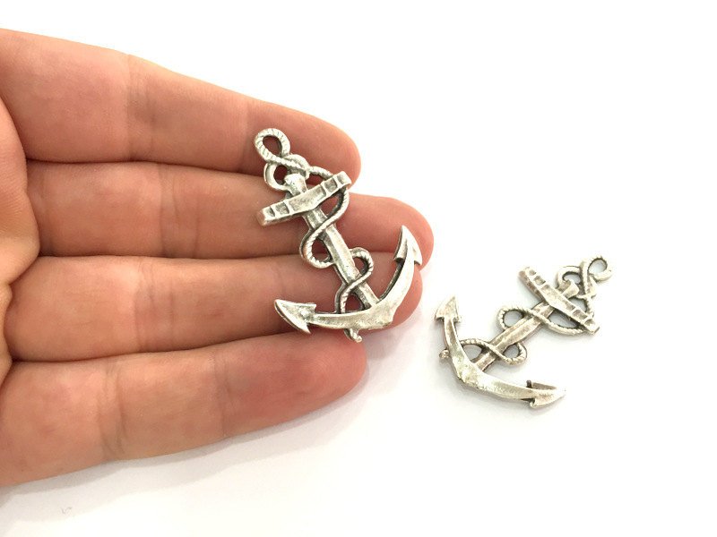 2  Antique Silver Plated Metal Anchor Pendant 48x30mm  G8639