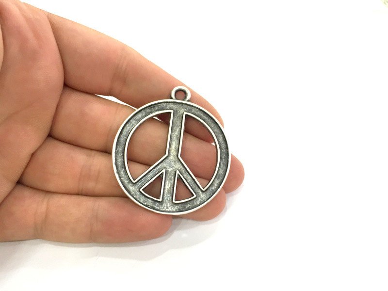 Peace Pendants , Antique Silver Plated Metal 45 mm   G3965