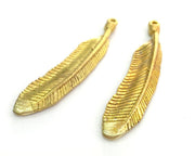 2 Pcs Raw  Brass Feather Charms   42x8mm   G3953