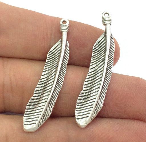 2 Pcs. (45x8 mm.)  Feather Charms, Antique Silver Plated Brass  G3955