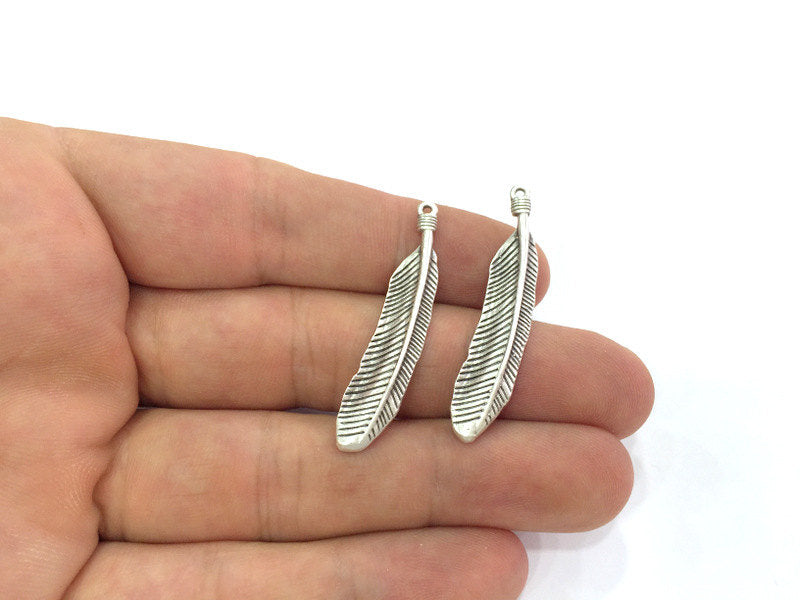 2 Pcs. (45x8 mm.)  Feather Charms, Antique Silver Plated Brass  G3955