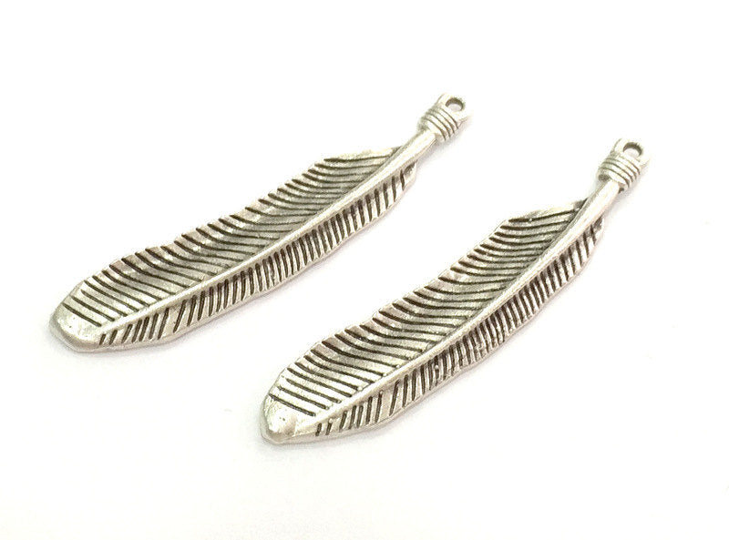 2 Pcs. (45x8 mm.)  Feather Charms, Antique Silver Plated Brass  G3955