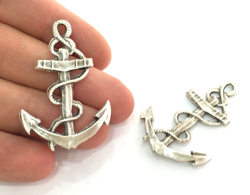 2  Antique Silver Plated Metal Anchor Pendant 48x30mm  G8639