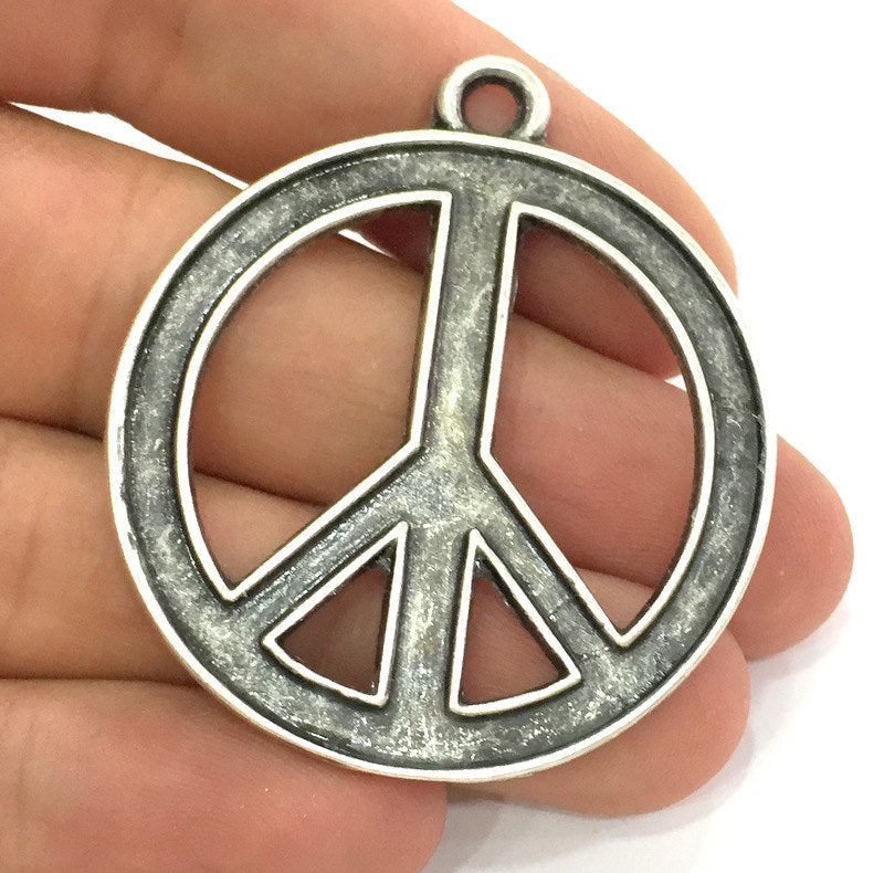 Peace Pendants , Antique Silver Plated Metal 45 mm   G3965