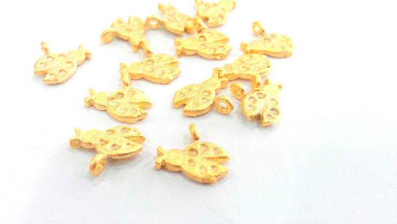 5 Gold Charms Ladybug Charms , Gold Plated Brass 5 Pcs  G460