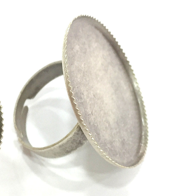 5 Pcs (25mm) Antique Silver Plated Brass Adjustable Ring Blank G3976