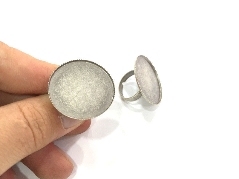 5 Pcs (25mm) Antique Silver Plated Brass Adjustable Ring Blank G3976