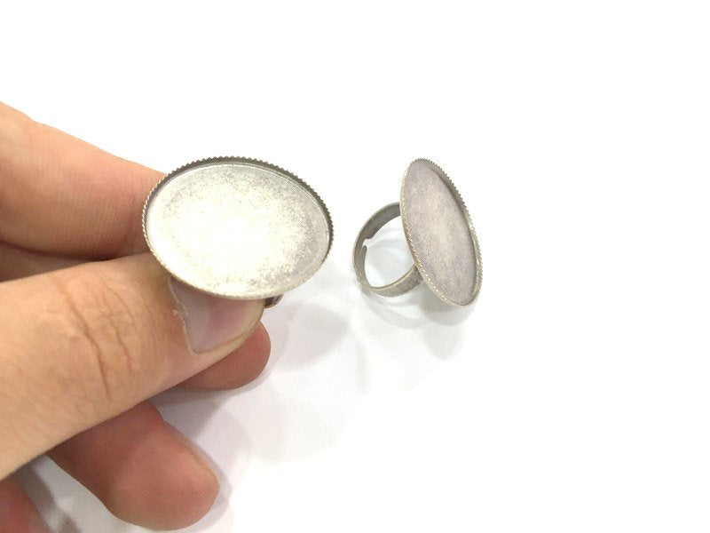 5 Pcs (25mm) Antique Silver Plated Brass Adjustable Ring Blank G3976