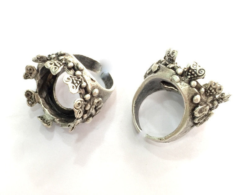 Ring Blank Bezel Settings Cabochon Base Mountings Adjustable  (20mm Blank), Antique Silver Plated Brass G4092