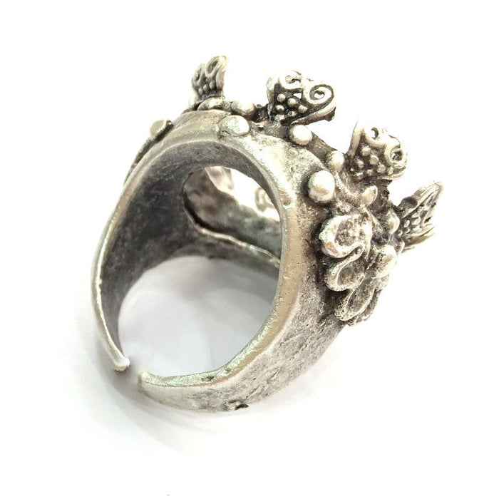 Ring Blank Bezel Settings Cabochon Base Mountings Adjustable  (20mm Blank), Antique Silver Plated Brass G4092