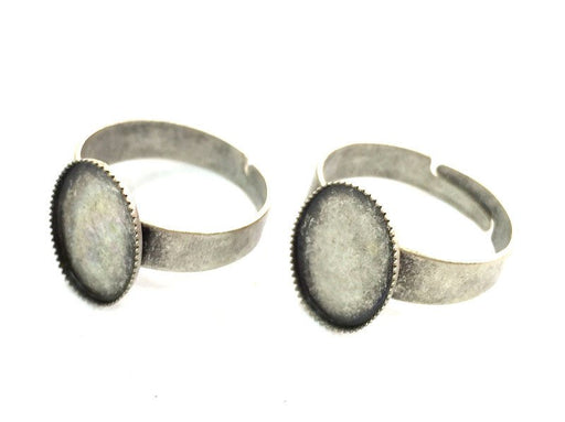 5 Silver Ring Settings Ring Blank Ring Bezel Base Cabochon Mountings Adjustable Antique Silver Plated Brass 5 Pcs (14x10mm)  G4201