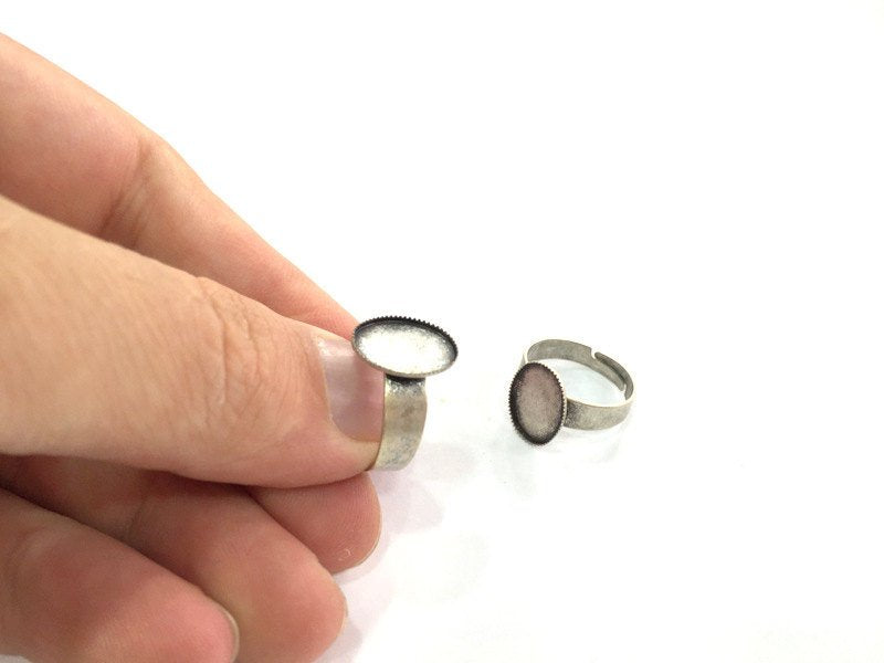 5 Silver Ring Settings Ring Blank Ring Bezel Base Cabochon Mountings Adjustable Antique Silver Plated Brass 5 Pcs (14x10mm)  G4201