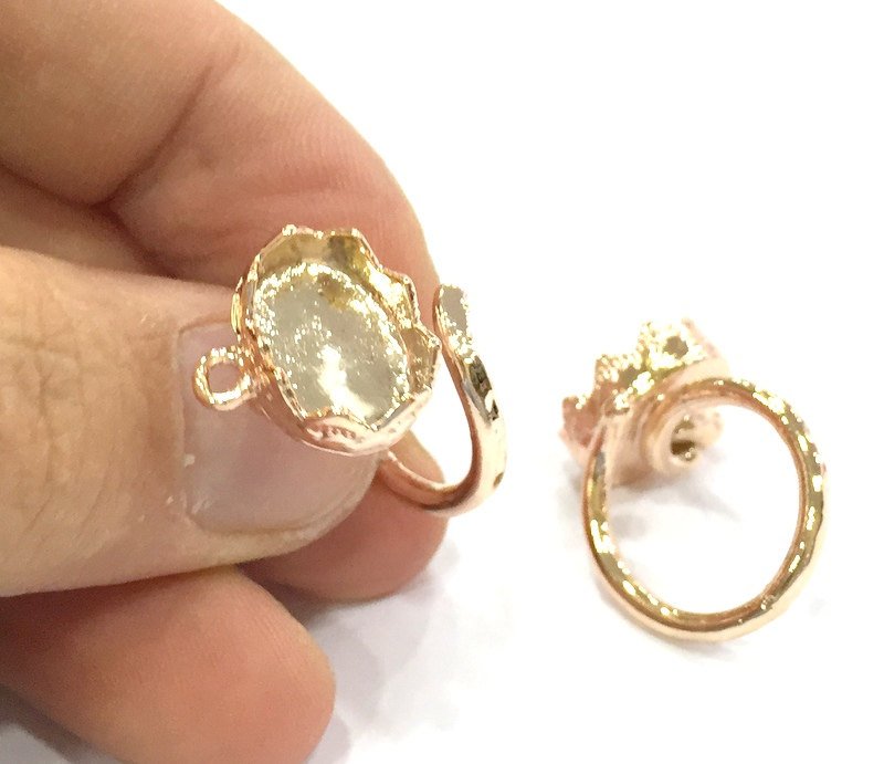 Rose Gold ring base Adjustable Ring Blank, (14x10 mm blank) Rose Gold Plated Brass G4395