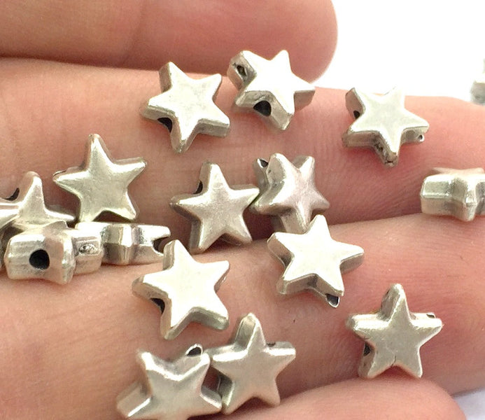 10 Star Beads Antique Silver Plated Metal Star Beads (7 mm) G4566