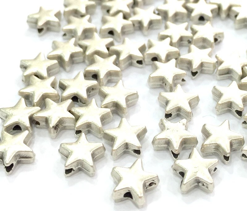 10 Star Beads Antique Silver Plated Metal Star Beads (7 mm)  G4566