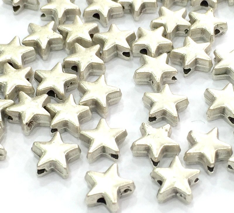 10 Star Beads Antique Silver Plated Metal Star Beads (7 mm)  G4566