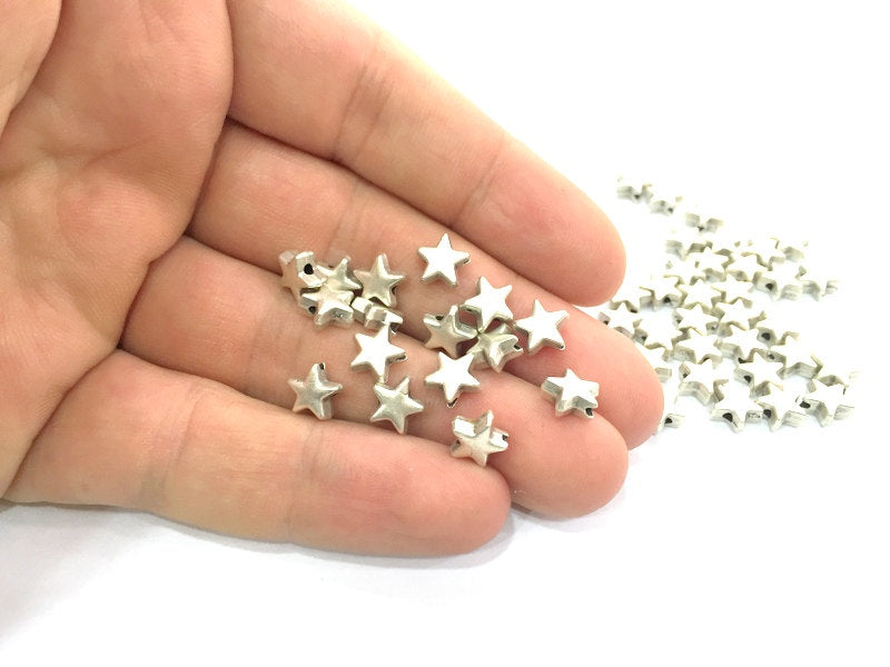 10 Star Beads Antique Silver Plated Metal Star Beads (7 mm)  G4566