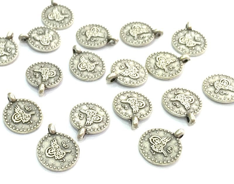 10 Silver Charms Antique Silver Plated Ottoman Signature Charms  10 Pcs (10mm)  G4601