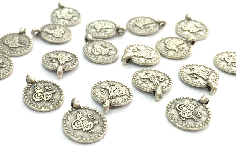 10 Silver Charms Antique Silver Plated Ottoman Signature Charms  10 Pcs (10mm)  G4601