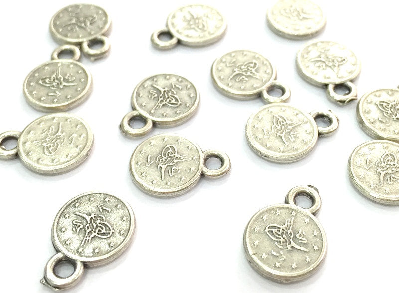 10 Coin Charms Antique Silver Plated Ottoman Signature Charms (10mm)   G4602