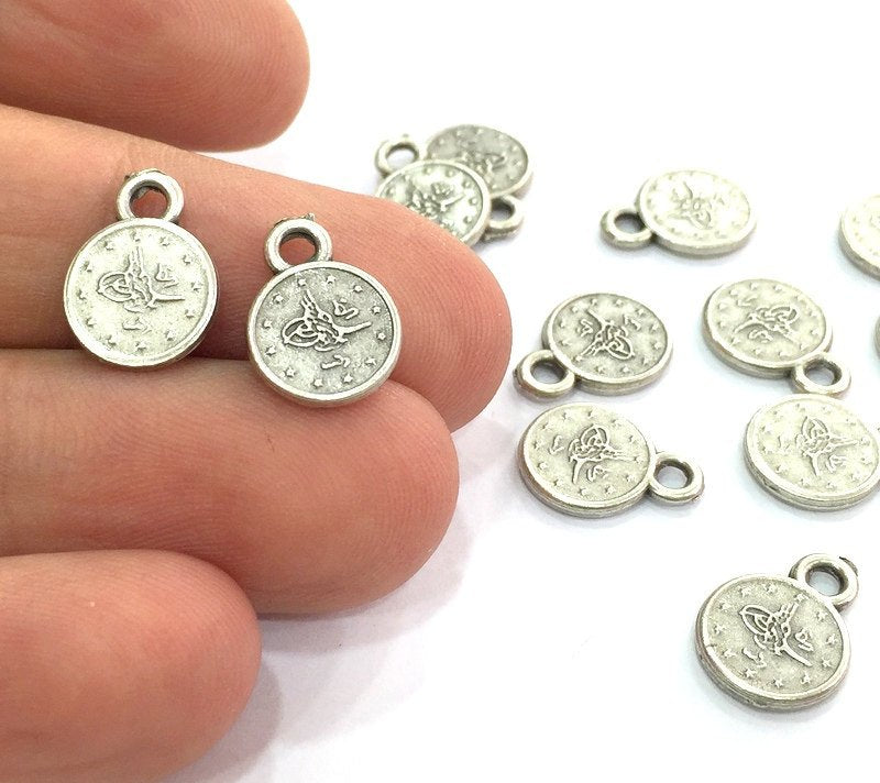 10 Coin Charms Antique Silver Plated Ottoman Signature Charms (10mm)   G4602