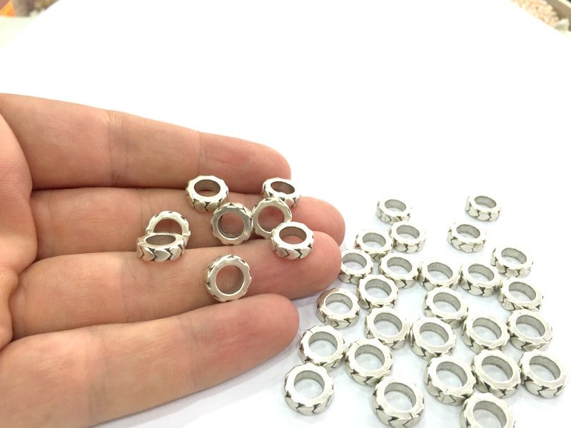8 Silver Beads Antique Silver Plated Metal Rondelle Beads 8 Pcs (11 mm)   G4579