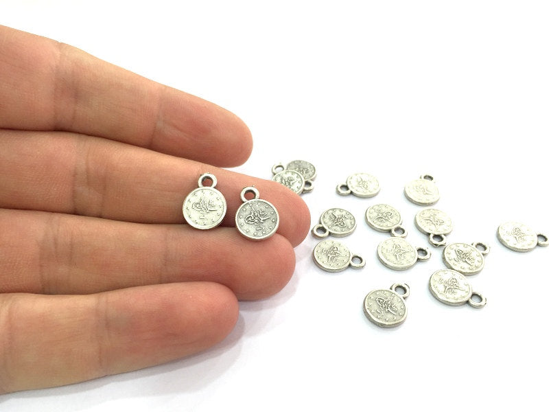 10 Coin Charms Antique Silver Plated Ottoman Signature Charms (10mm)   G4602