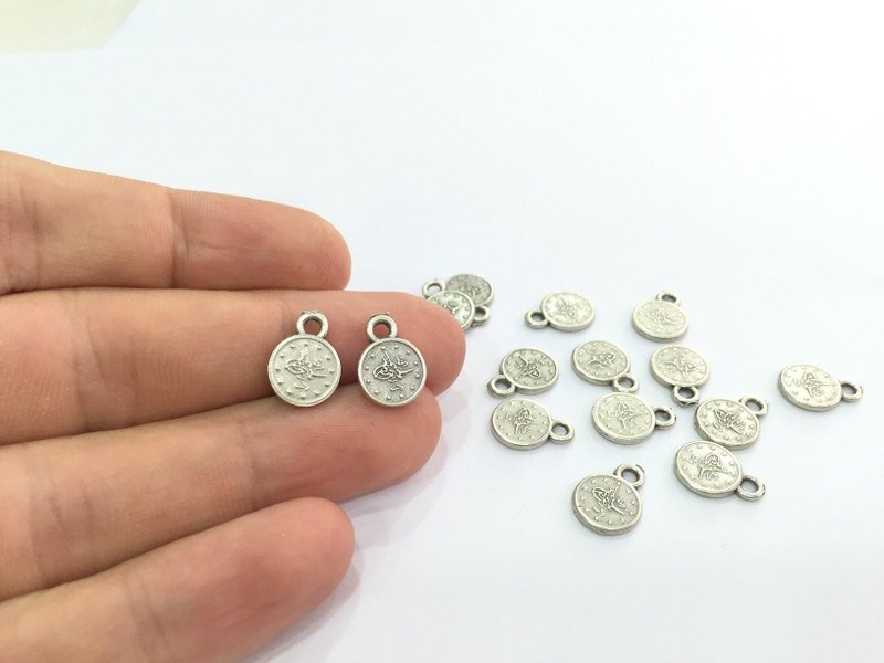 10 Coin Charms Antique Silver Plated Ottoman Signature Charms (10mm)   G4602