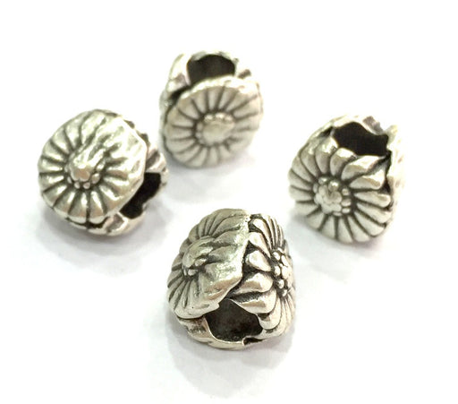 4 Pcs (10x7 mm) Antique Silver Plated Metal Flower Beads   G4607