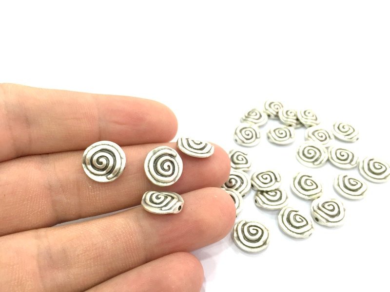 5 Silver Spiral Beads Antique Silver Plated Metal Beads  (12 mm)  G4637