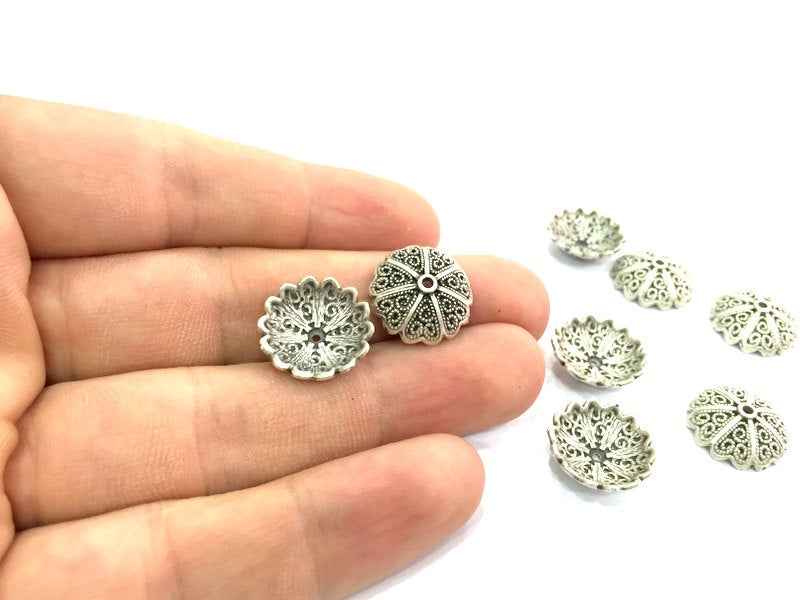 10 Bead Caps Antique Silver Plated Metal Large Caps , Findings  (16 mm)  G17227