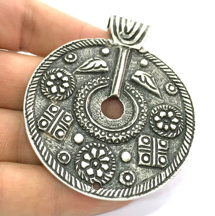 Patterned  Antique  Pendant (60mm) Antique Silver Plated Metal  G7323