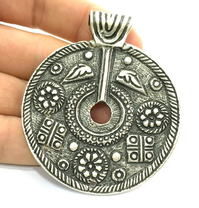 Patterned  Antique  Pendant (60mm) Antique Silver Plated Metal  G7323