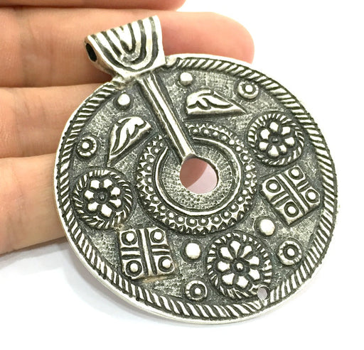 Patterned  Antique  Pendant (60mm) Antique Silver Plated Metal  G7323