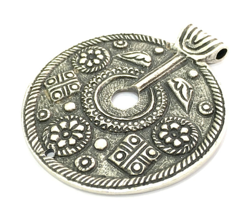 Patterned  Antique  Pendant (60mm) Antique Silver Plated Metal  G7323