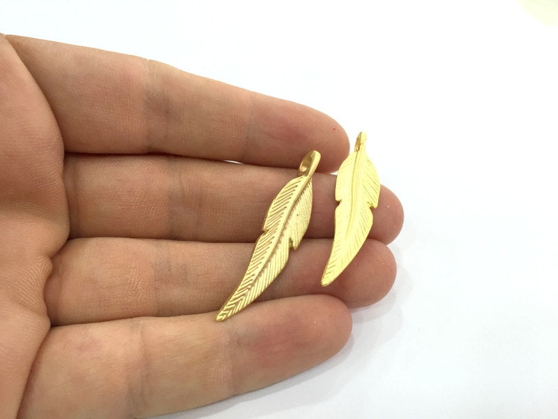 2 Gold Charms Feather Charms,  (45x10mm)  Gold Plated Charms,  G4718