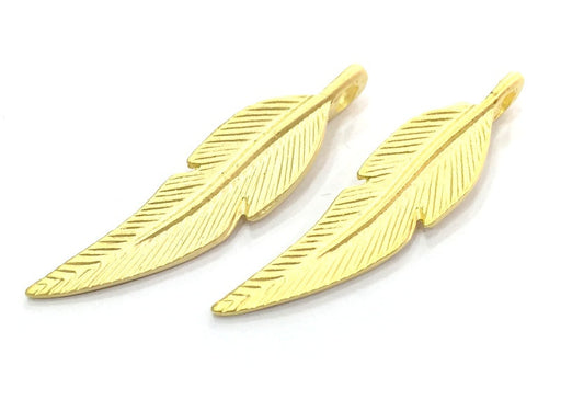 2 Gold Charms Feather Charms,  (45x10mm)  Gold Plated Charms,  G4718