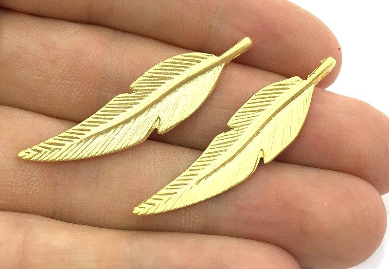 2 Gold Charms Feather Charms,  (45x10mm)  Gold Plated Charms,  G4718