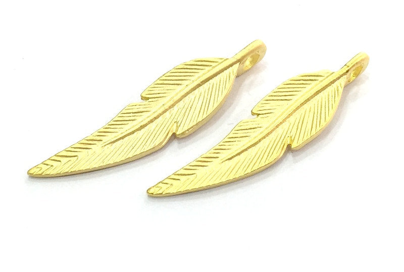 2 Gold Charms Feather Charms,  (45x10mm)  Gold Plated Charms,  G4718