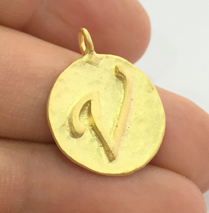 Letter V Letter Charm  20mm, Gold Plated Brass G4822