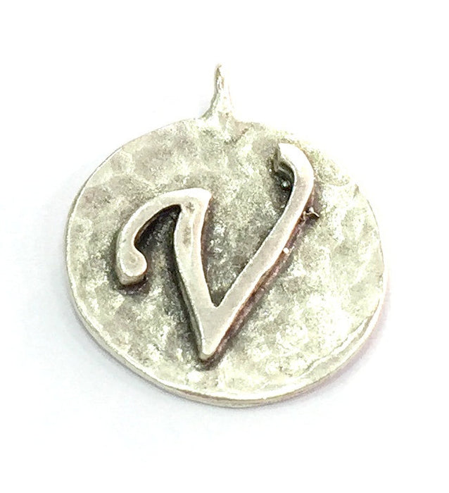 20mm V Charm , Antique Silver  Plated Brass G4853