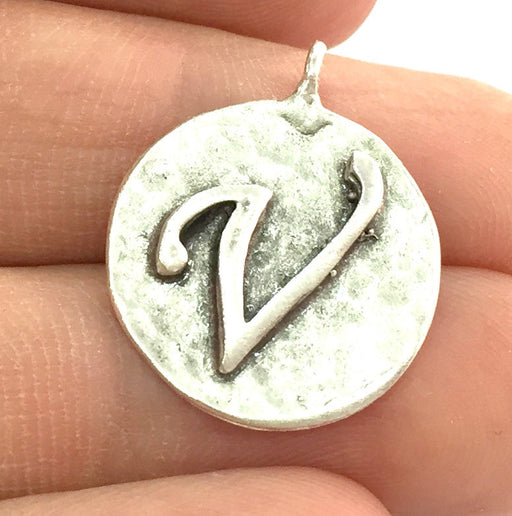 20mm V Charm , Antique Silver  Plated Brass G4853